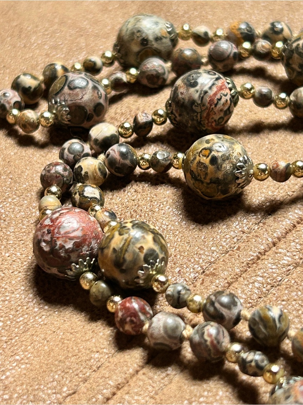 Natural Multi-Tone Leopard Skin Jasper Beaded Necklace with Gold Accents